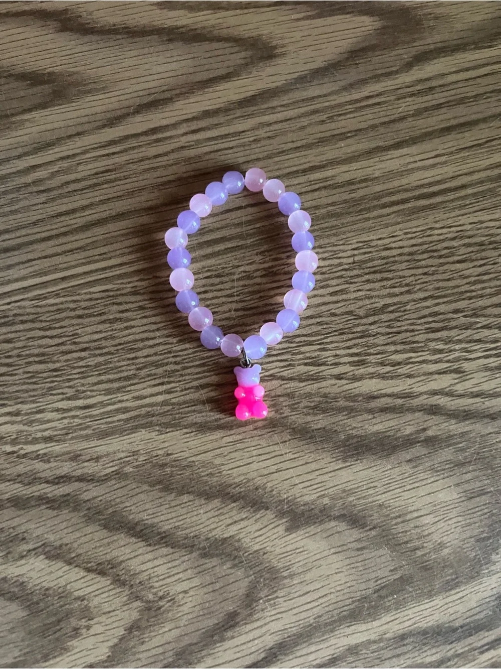 Kids Pink and Purple Beaded Bracelet with Hot Pink and Purple Gummy Bear Charm
